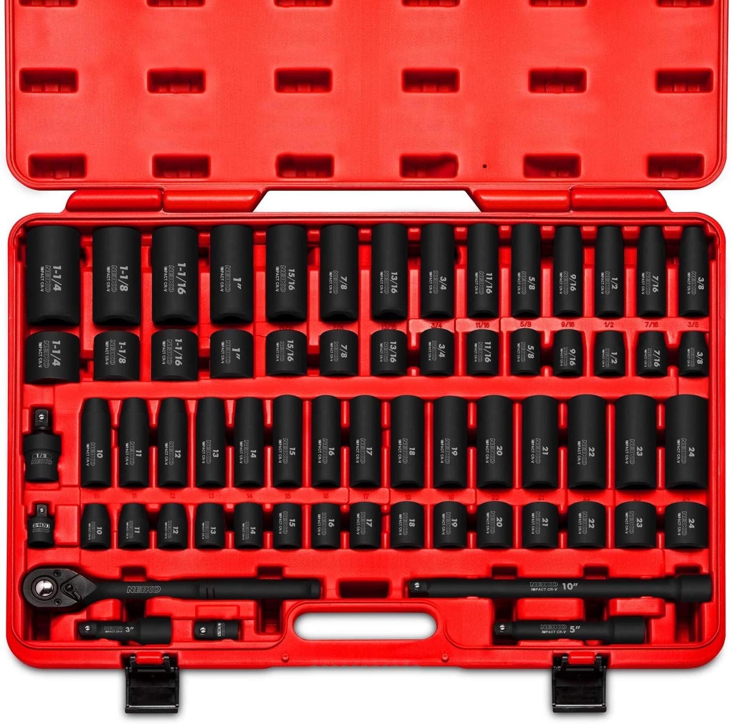 NEIKO 02448A 1/2" Drive Master Impact Socket Set, 65 Piece, Standard SAE & Metric Sizes, Deep & Shallow Kit