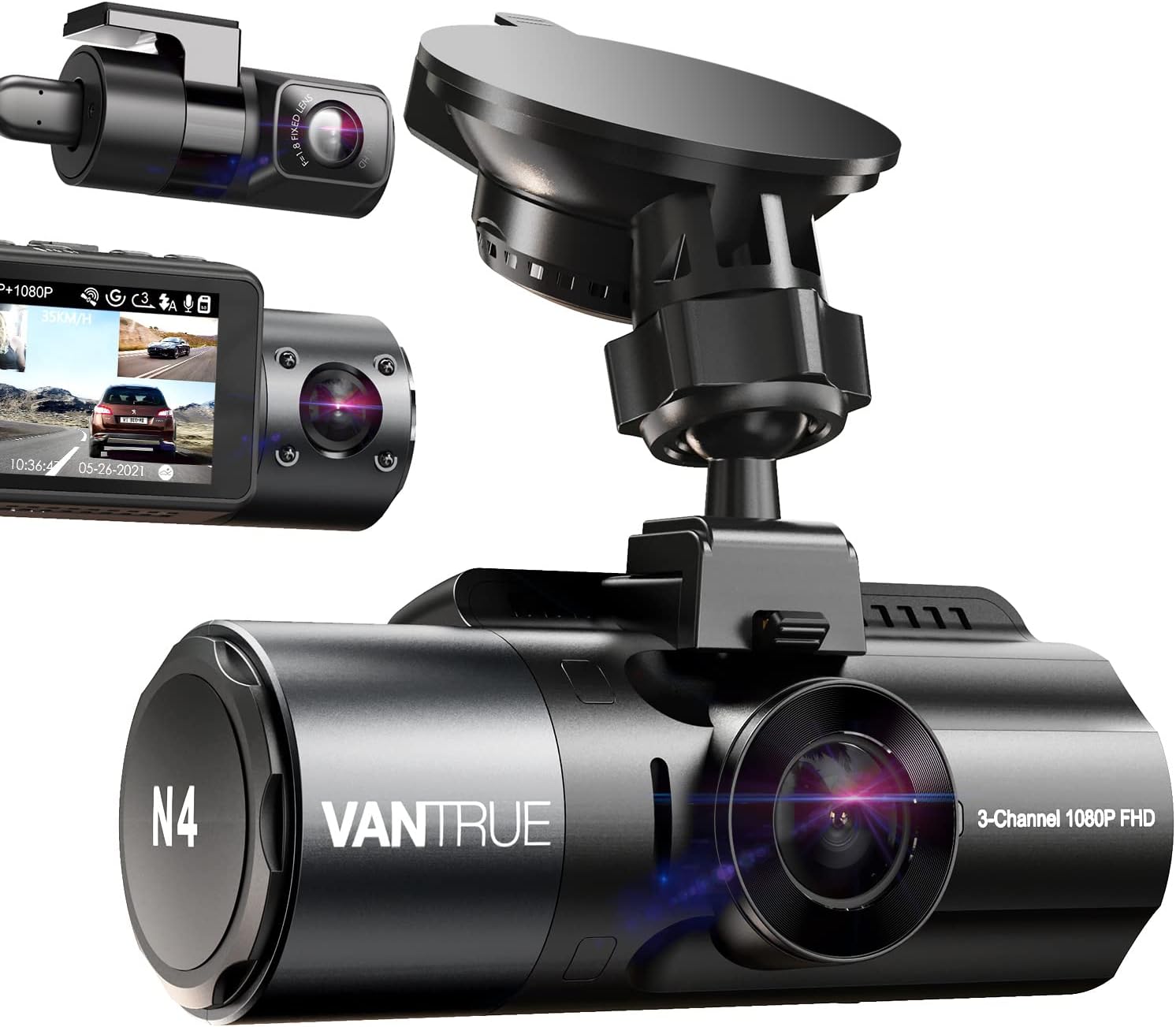 VANTRUE N4 3 Channel Dash Cam, 4K+1080P Dual Channel, 1440P+1440P+1080P Front Inside Rear